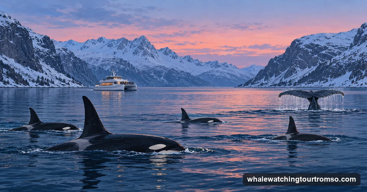 Illustration: a group of orcas surfacing in a dark fjord under a pale pink and blue midday twilight sky, snow-covered mountains behind, a catamaran in the distance