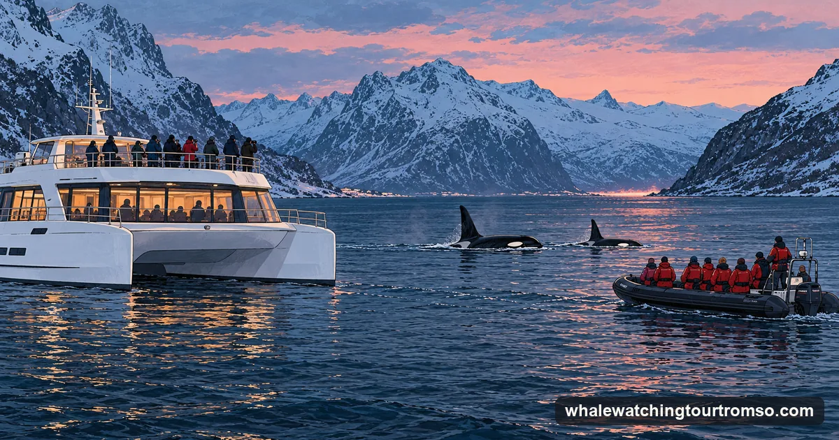 Illustration: a large white catamaran with panoramic windows and a small open RIB with passengers in red floating suits on the same dark fjord, orca fins between them, snowy mountains behind