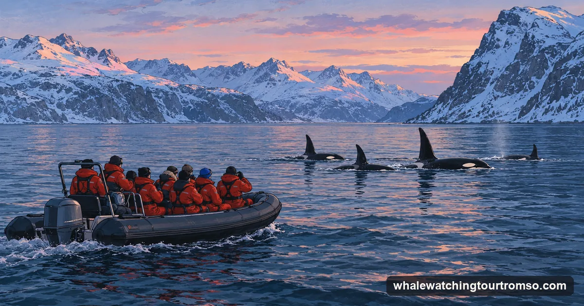 Illustration: a small open RIB with passengers in red floating suits low on a dark fjord, a pod of orcas surfacing a short distance away, snowy mountains in blue winter light