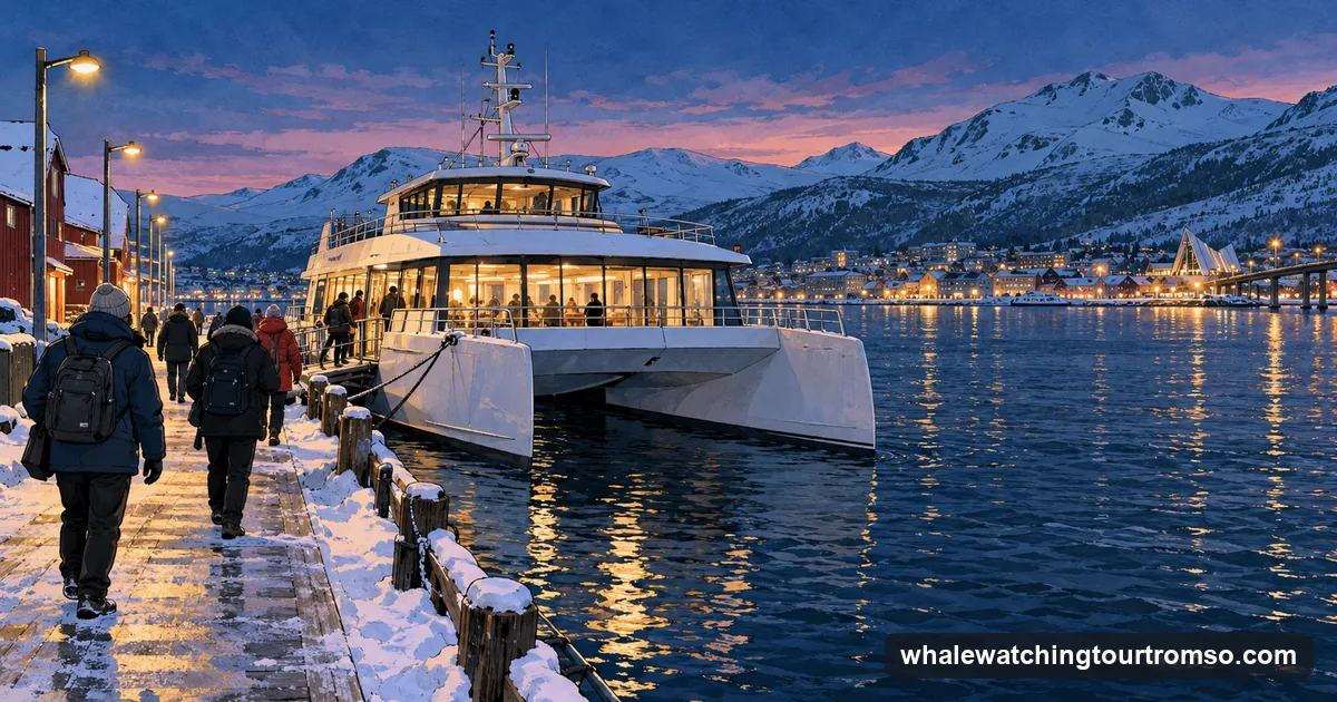 Illustration: the waterfront of Tromsø harbour before dawn in winter, a white catamaran moored at the quay with its lights on, guests in winter coats walking along the pier, snowy hills across the strait