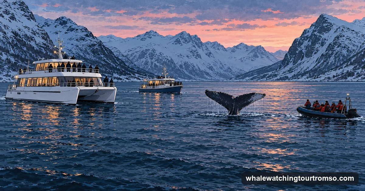 Illustration: three boats on a dark fjord in winter twilight, from left a large catamaran, a mid-sized heated boat and a small open RIB, a humpback's tail rising between them
