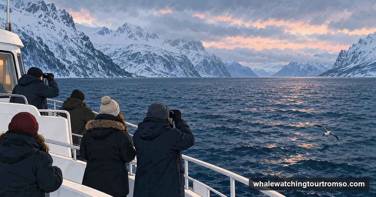 Illustration: passengers in winter clothes at the rail of a boat scanning an empty grey fjord with binoculars, low clouds over snowy mountains, a single seabird over the water