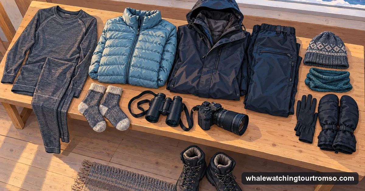 Illustration: winter clothing laid out on a wooden bench, a wool base layer, a down jacket, waterproof trousers, winter boots, a woollen hat, mittens, a buff, binoculars and a camera